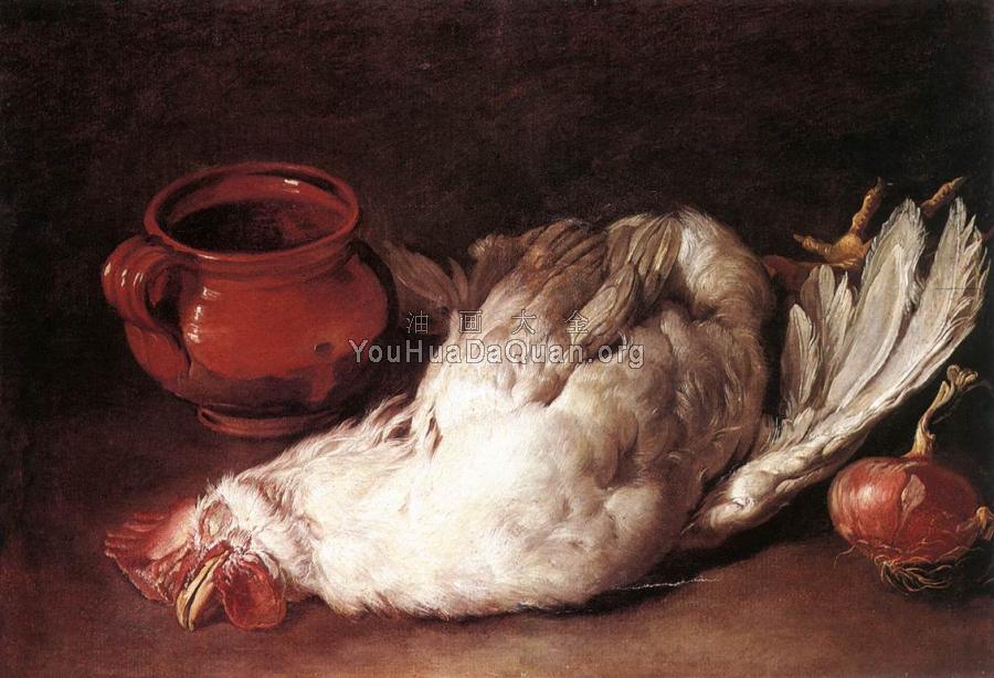 Still Life With Hen Onion And Pot - 贾科莫·克鲁蒂